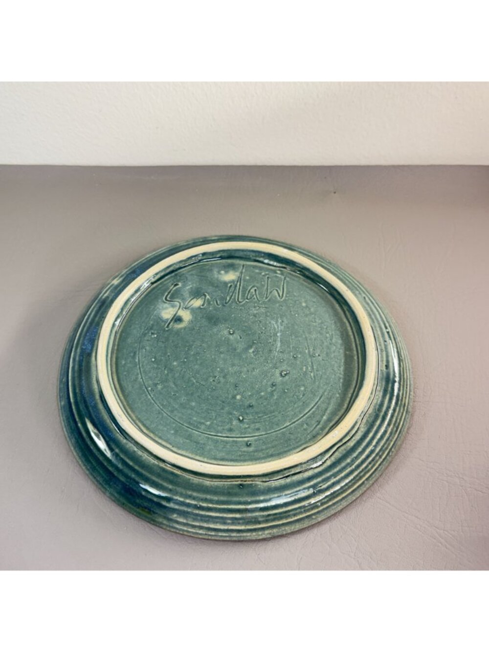 Vintage Brad Sondahl Pottery Set of 2 Dinner Plates Green Blue Wave Signed 10" - Picture 5 of 7
